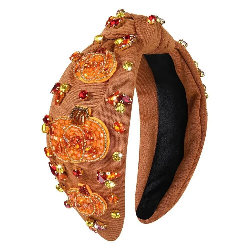 Thanksgiving Headband Beaded Pumpkin Knotted Wide Fall Hair Accessory